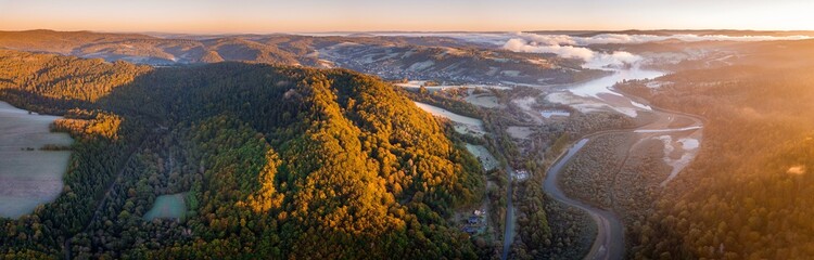 Sunrise over Bieszczady Mountains in Poland. Aerial panoramic landscape.