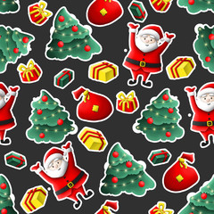 Obraz na płótnie Canvas pattern with illustration of santa bag with gifts. Christmas trees with decorations balls and garlands, lights. Winter snow. Use for background, invitations, greetings, cards
