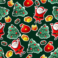 pattern with illustration of santa bag with gifts. Christmas trees with decorations balls and garlands, lights. Winter snow. Use for background, invitations, greetings, cards