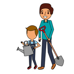 dad and boy with watering can shovel gardening