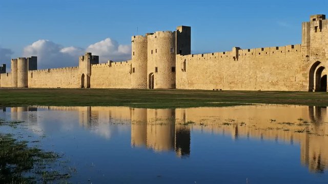 Aigues Mortes, Gard, Occitanie, France. South side ramparts after the rain