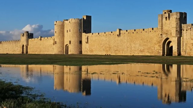Aigues Mortes, Gard, Occitanie, France. South side ramparts after the rain