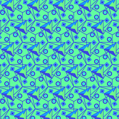 green mint and blue modern geometric pattern with decorated triangles, circles, squares and hexagon. creative design for textile, fabric, wallpapers, backdrop and backgrounds. pattern swatch at eps