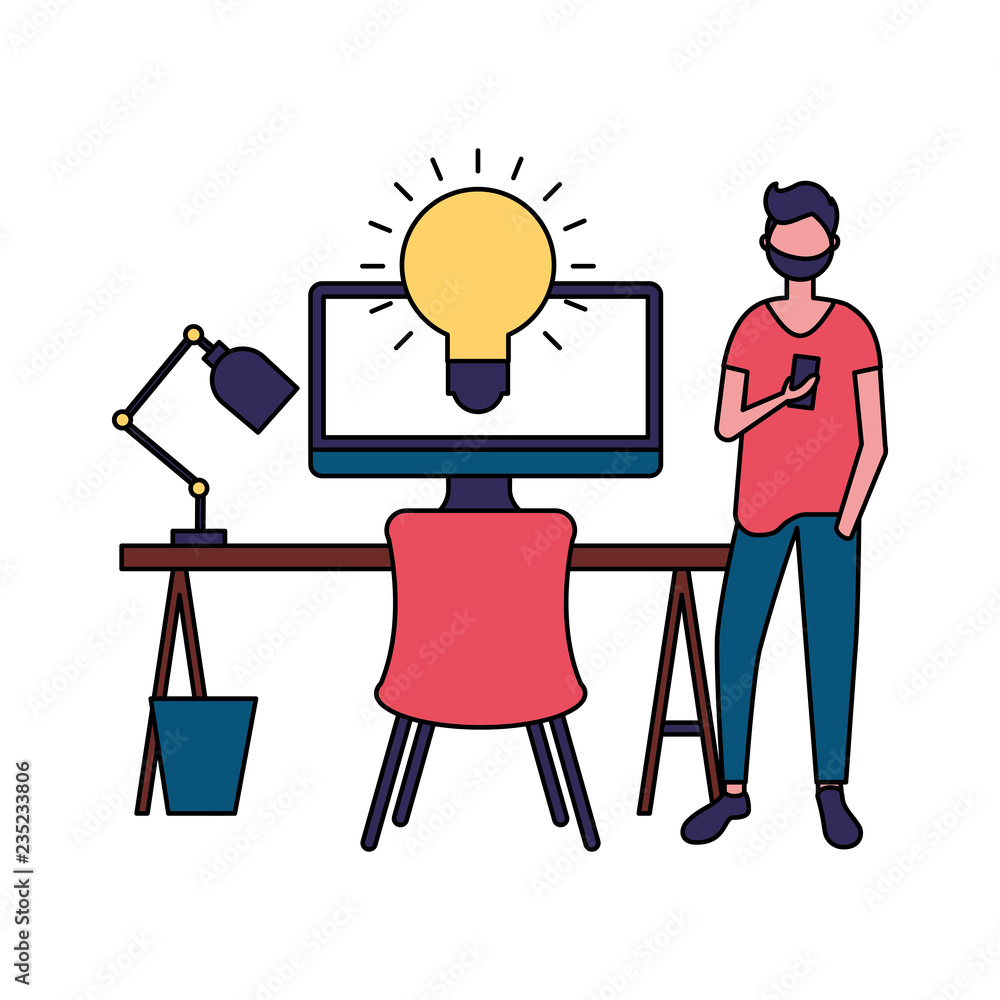 Poster designer man with mobile computer workplace