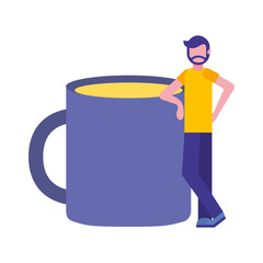 bearded man standing near coffee cup