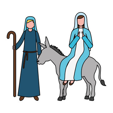 mary riding donkey, joseph standing, blue robes clip art preview
