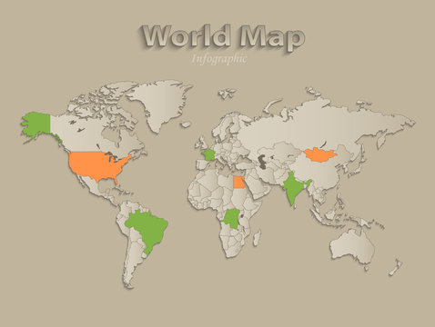 World map with individual states separated, infographics with icons vector