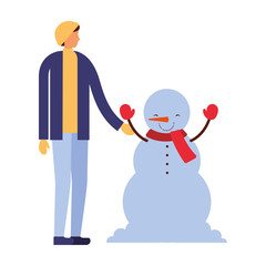 man holding hand to snowman
