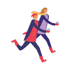 man and woman playing with snow ball winter