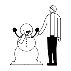 man holding hand to snowman