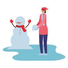 woman with snowman winter season
