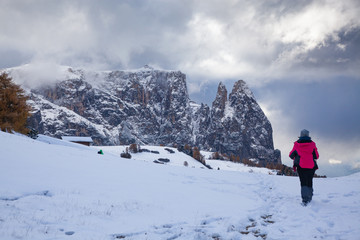 Fototapeta na wymiar snowy early winter landscape in Alpe di Siusi. Dolomites, Italy - winter holidays destination