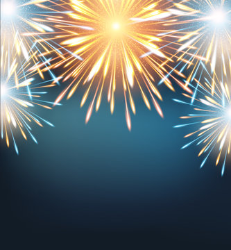 Fireworks explosions blue orange on a greeting card to the Happy New Year raster