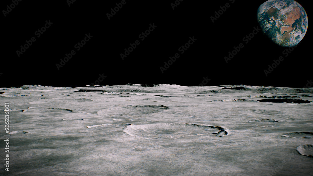 Wall mural surface of the moon landscape. flying over the moon surface. close up view. 3d rendering