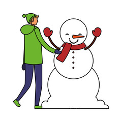 man with winter clothes and snowman