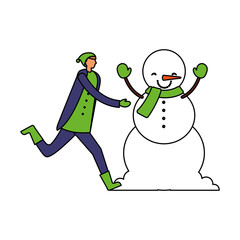 man with winter clothes and snowman