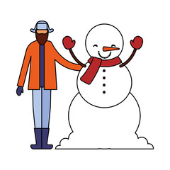man with winter clothes and snowman