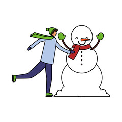 man with winter clothes and snowman