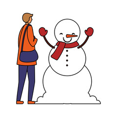 man with winter clothes and snowman
