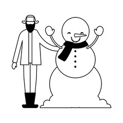 man with winter clothes and snowman