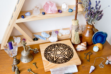 Pagan / Witch Altar with crystals, crystal stand, pentacle altar tile, besom, bell and herbs