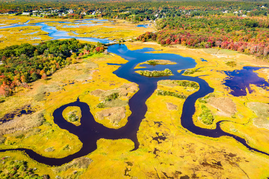 Aerial view of Little River estuary in Wells Estuarine Reserve, Maine