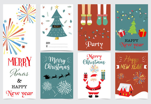 Green red christmas card with christmas tree,sock,gift,house,light,firework and santa claus