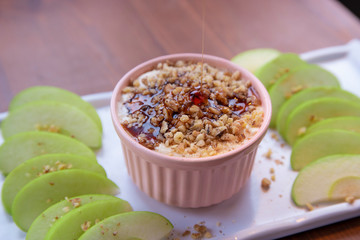 Caramel Apple Dip with nuts, caramel dressing and fresh apple slices