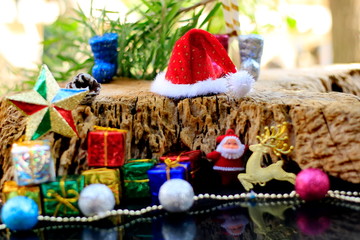 Decorative Christmas Ornament on Wood with Old Wood Background.