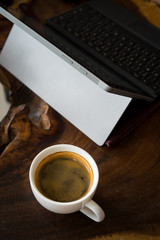Hot americano  coffee  on wood table working background