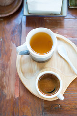 Hot espresso  coffee  and tea on wood table