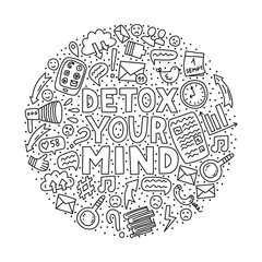 Fototapeta na wymiar Detox your mind. Concept illustration with lettering and doodles