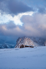 snowy early winter landscape in Alpe di Siusi.  Dolomites,  Italy - winter holidays destination