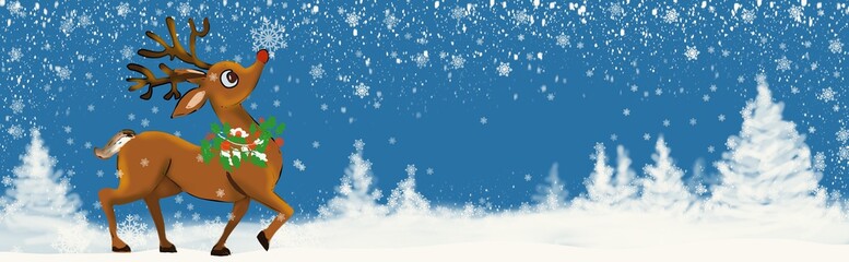 Winter Reindeer wide panorama banner header holiday, Christmas snow scene 