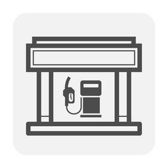 Fuel pump with hanging nozzle sits beneath wide rectangular canopy supported by two posts. Black outline gas station icon shows forecourt shelter, dispenser equipment and vehicle refueling facility. © DifferR