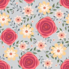 Floral vector artwork for apparel and fashion fabrics, Red rose flowers wreath ivy style with branch and leaves. Seamless patterns background.