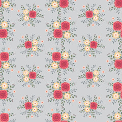 Floral vector artwork for apparel and fashion fabrics, Red rose flowers wreath ivy style with branch and leaves. Seamless patterns background.