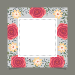 Floral greeting card and invitation template for wedding or birthday anniversary, Vector square shape of text box label and frame, Red rose flowers wreath ivy style with branch and leaves.