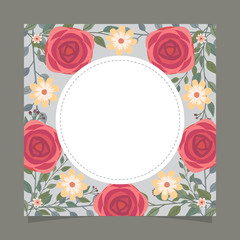 Floral greeting card and invitation template for wedding or birthday anniversary, Vector circle shape of text box label and frame, Red rose flowers wreath ivy style with branch and leaves.
