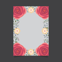 Common size of floral greeting card and invitation template for wedding or birthday anniversary, Vector shape of text box label and frame, Red rose flowers wreath ivy style with branch and leaves.