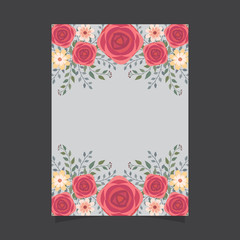 Common size of floral greeting card and invitation template for wedding or birthday anniversary, Vector shape of text box label and frame, Red rose flowers wreath ivy style with branch and leaves.