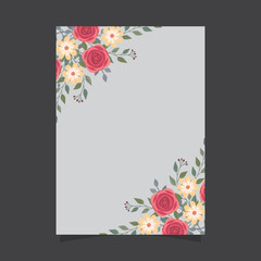 Common size of floral greeting card and invitation template for wedding or birthday anniversary, Vector shape of text box label and frame, Red rose flowers wreath ivy style with branch and leaves.