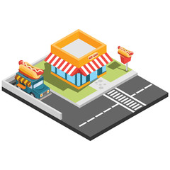 isometric illustration of fast food restaurants, vector illustration