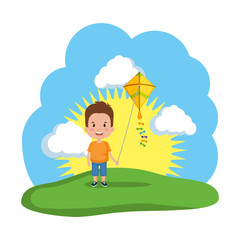 little boy flying kite in the field