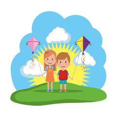 Plakat kids couple with kite flying in the field