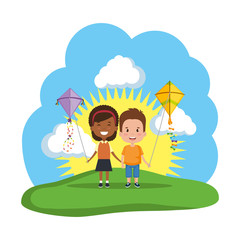 kids couple with kite flying in the field