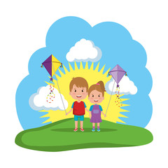 Obraz na płótnie Canvas kids couple with kite flying in the field