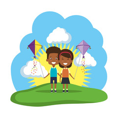black kids couple with kite flying in the field