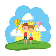 Fototapeta premium kids couple with kite flying in the field