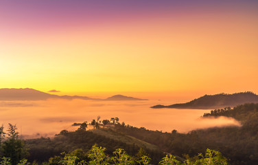                      Landscape view of sunrise with white fog  in early morning on the top of the hill at yun lai viewpoint, pai, Mae Hong Son, thailand